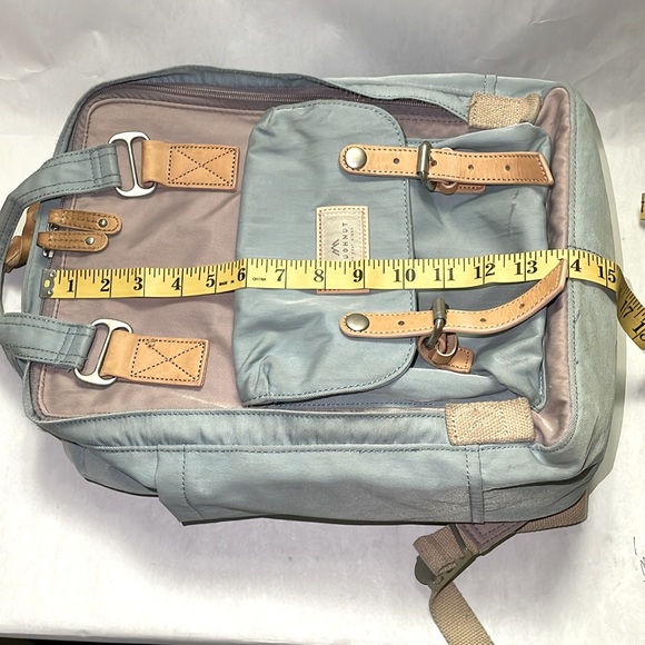 Doughnut Brand 14 inch Backpack, Blue & Purple with Tan Leather Straps - Picture 12 of 16